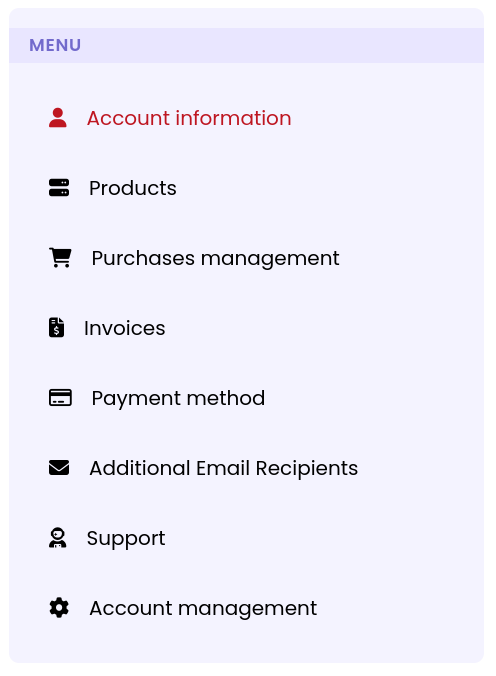 Customer space menu, with Account information at the top