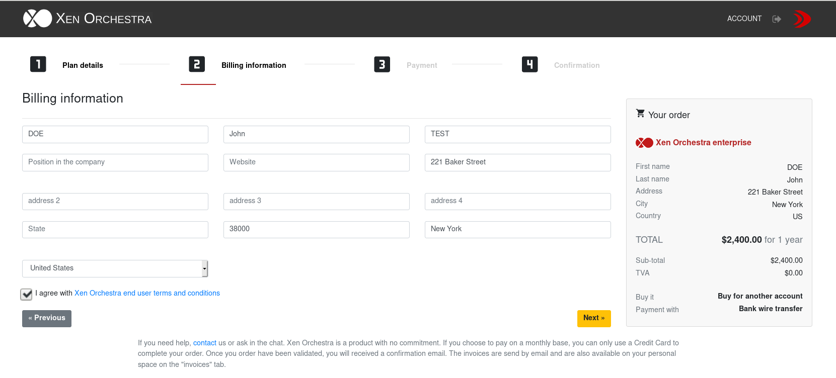 Billing information form