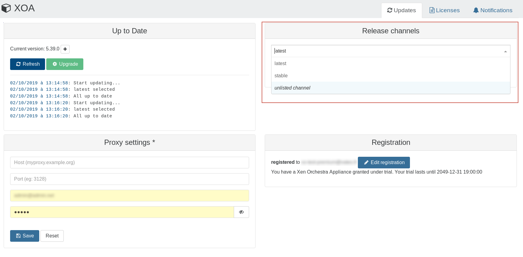Release channel selection in the XOA Updates view