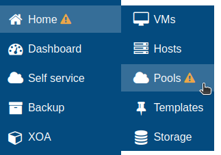 Home menu with the Pools entry